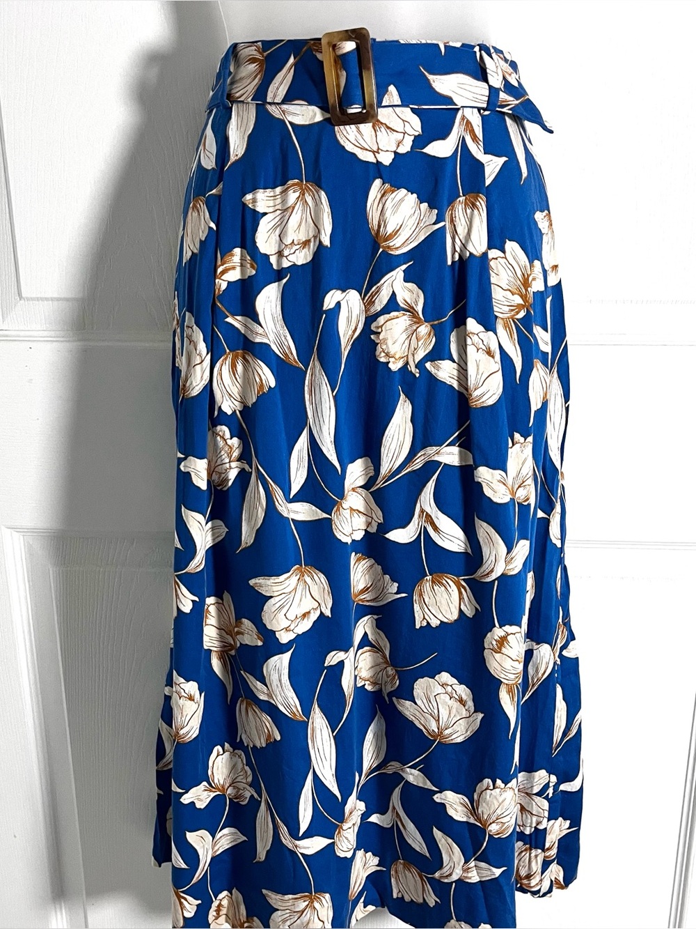 Ann Taylor Factory Floral Tulip A-Line Midi Skirt Size 4 Belted Cotton Viscose